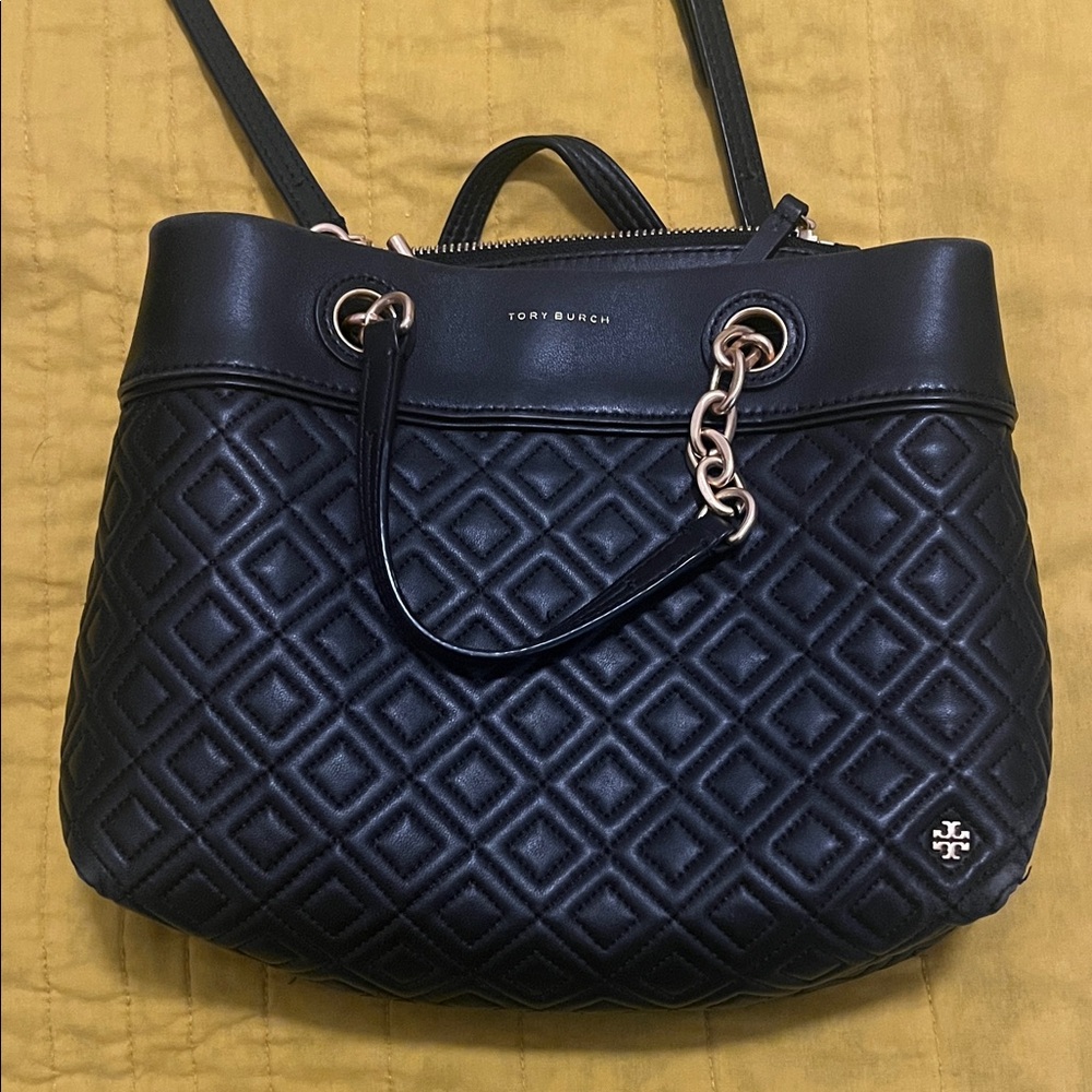 Tory Burch Black Quilted Shoulder Bag with Gold Accents